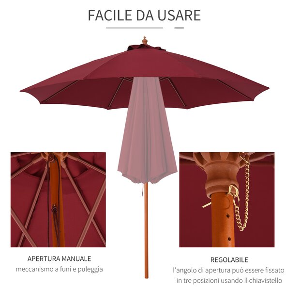 Outsunny Ombrellone da Giardino Φ257x253cm, Tettuccio Antivento, Poliestere Rosso, Palo in Legno, Perfetto per Esterni|Aosom