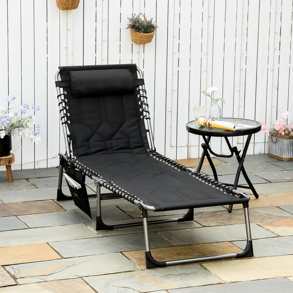 Outsunny Sdraio da Giardino con Schienale Regolabile su 5 Posizioni con Poggiatesta e Tasca Laterale, 188x57x30cm, Nera