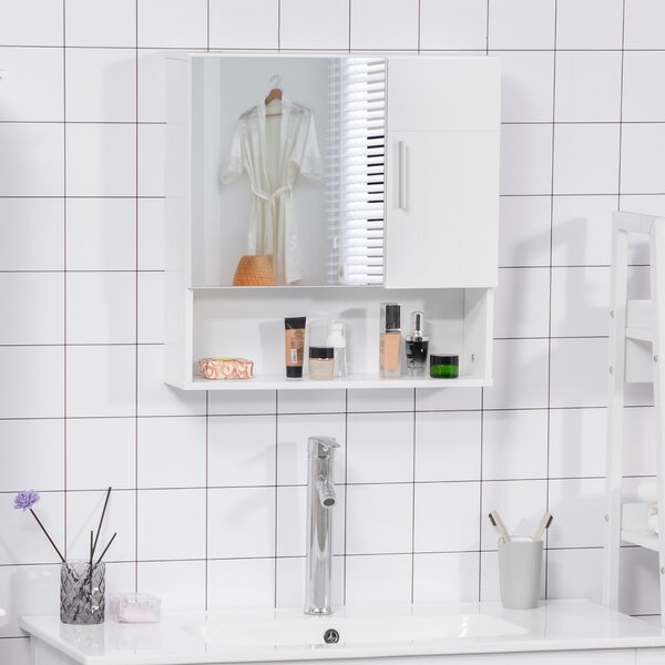 Kleankin Specchiera Bagno in Legno con Mensole Regolabili, Mobile Bagno a 2 Ante e Ripiano Aperto, 54x15.2x55.3cm, Bianco|Aosom