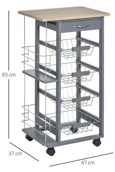 HOMCOM Carrello da Cucina Salvaspazio in Grigio Scuro, Portavivande con 1 Piano di Lavoro 1 Cassetto e 4 Cestelli Metallici, 47x37x83cm|Aosom