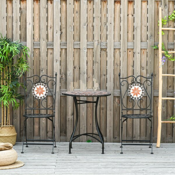 Outsunny Mobili da Giardino Set da 3 Pezzi con 2 Sedie Pieghevoli e 1 Tavolino a Mosaico, in Metallo e Ceramica|Aosom