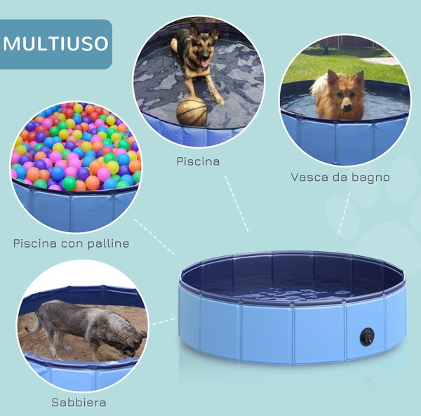 PawHut Piscina Pieghevole per Cani in Plastica con Bordo Stabile per Animali Domestici, Ø80 x 20 cm, Blu|Aosom