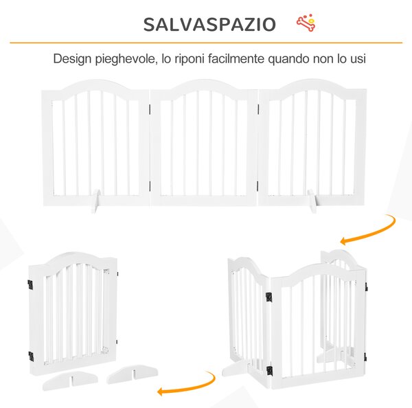PawHut Cancellino per Cani Pieghevole a 3 Sezioni in Legno, Barriera per Cani con Piedini, 154.5x29.5x61cm, Bianco|Aosom