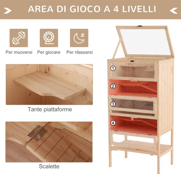 PawHut Gabbia per Criceti Roditori Porcellini d'India in Legno Massello Tetto Apribile 4 Ripiani Collegati con Rampe 60x40x120cm|Aosom