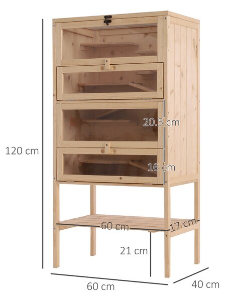 PawHut Gabbia per Criceti Roditori Porcellini d'India in Legno Massello Tetto Apribile 4 Ripiani Collegati con Rampe 60x40x120cm|Aosom