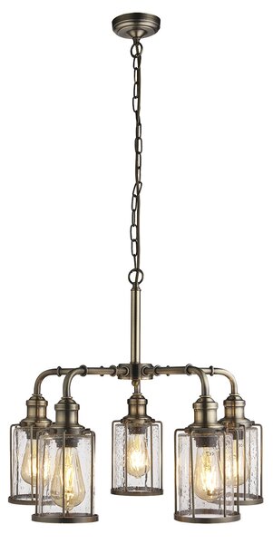 Lampadario Contemporaneo Tubi Acciaio Ottone Vetro Trasparente 5 Luci E27