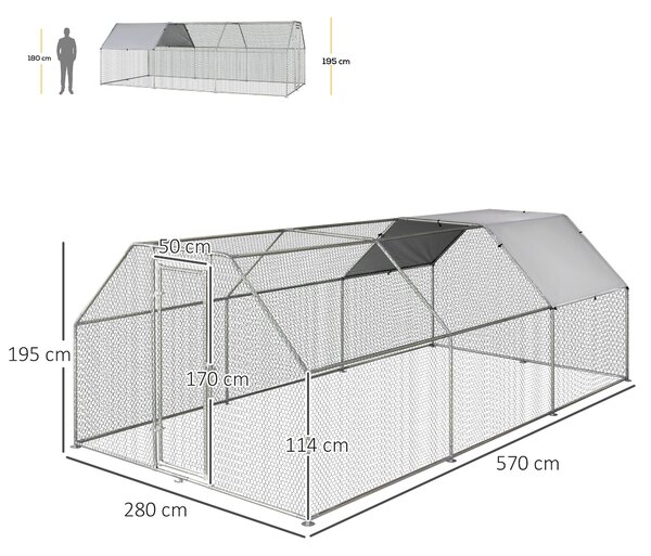 Pawhut Gabbia per Galline in Metallo Galvanizzato da esterno Porta con Blocco,Copertura e recinzione, 280x570x195cm, Argento |Aosom Italy