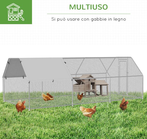 Pawhut Gabbia per Galline in Metallo Galvanizzato da esterno Porta con Blocco,Copertura e recinzione, 280x570x195cm, Argento |Aosom Italy