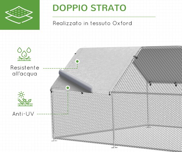 Pawhut Gabbia per Galline in Metallo Galvanizzato da esterno Porta con Blocco,Copertura e recinzione, 280x570x195cm, Argento |Aosom Italy