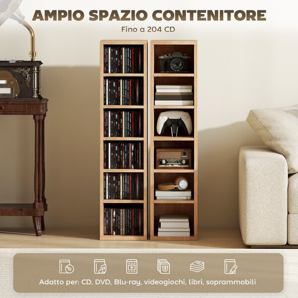 HOMCOM Set 2 Mobili Porta CD a 6 Ripiani Regolabili per 204 CD in Legno, 21x22.5x88.5 cm, Color Legno | Aosom Italy