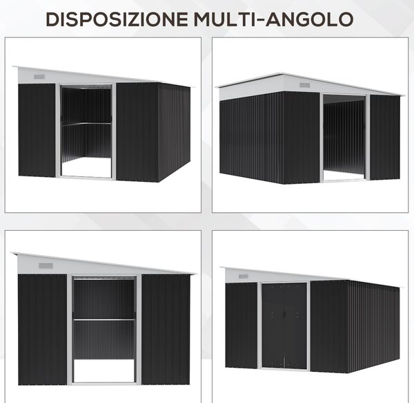 Outsunny Casetta da Giardino con Porta Scorrevole, in Acciaio, 345x280.5x169-201 cm, Nero | Aosom Italy