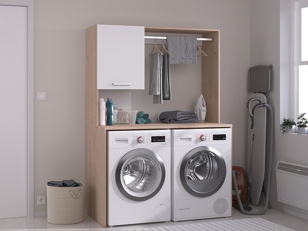 Mobile per 2 lavatrici con appendiabiti e armadio L129 x H184 cm – ARNEKO