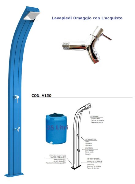 Doccia Per Esterni in Alluminio a Riscaldamento Solare Serbatoio 25 lt Arkema Spring Dimensioni 26x12x h 224 cm - peso 18,5 kg Blu