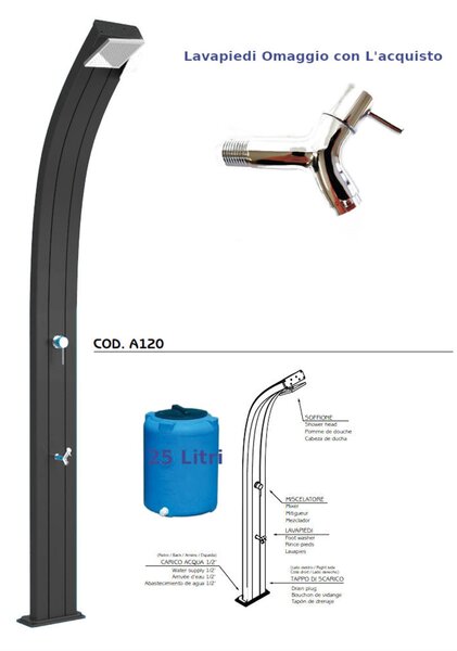 Doccia Per Esterni in Alluminio a Riscaldamento Solare Serbatoio 25 lt Arkema Spring Dimensioni 26x12x h 224 cm - peso 18,5 kg Antracite