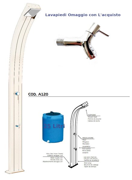 Doccia Per Esterni in Alluminio a Riscaldamento Solare Serbatoio 30 lt Arkema Spring Dimensioni 26x12x h 224 cm - peso 18,5 kg Sabbia