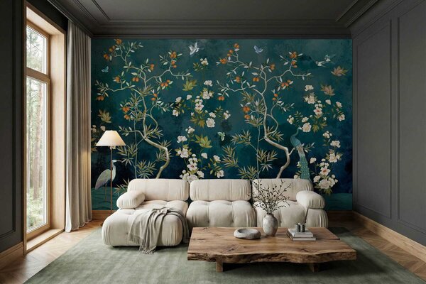 Carta da parati Scena decorativa con alberi, fiori e uccelli su sfondo scuro, Carta da parati Floreale, w05004 : Uwalls.it