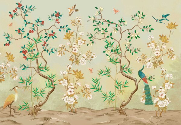 Carta da parati Scena con alberi, fiori e uccelli, sfondo chiaro, Carta da parati Floreale, w05004v1 : Uwalls.it