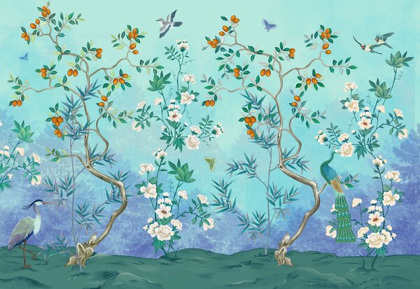 Carta da parati Scena con alberi, fiori e uccelli, sfondo blu, Carta da parati Floreale, w05004v2 : Uwalls.it