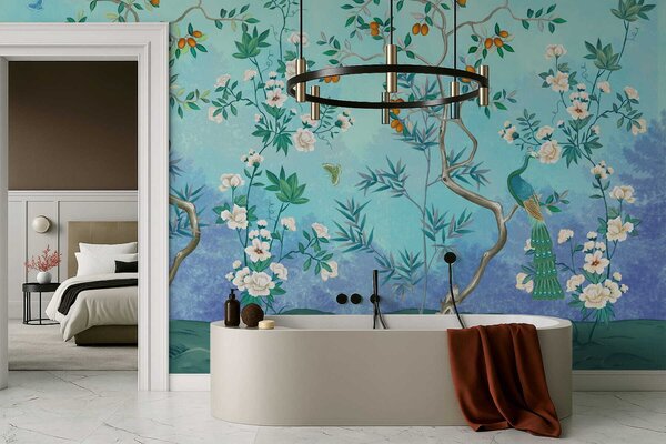 Carta da parati Scena con alberi, fiori e uccelli, sfondo blu, Carta da parati Floreale, w05004v2 : Uwalls.it
