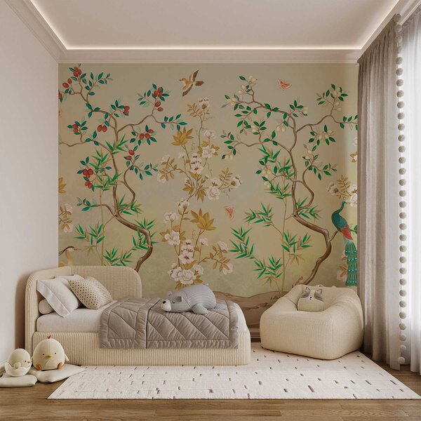 Carta da parati Scena con alberi, fiori e uccelli, sfondo chiaro, Carta da parati Floreale, w05004v1 : Uwalls.it
