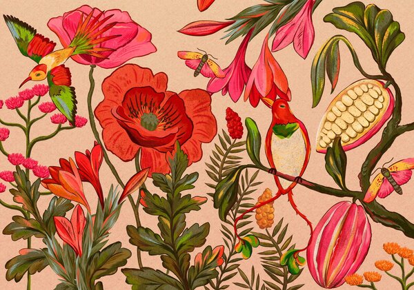 Carta da parati Fiori e uccelli decorativi su sfondo beige, Carta da parati Natura, w05036 : Uwalls.it
