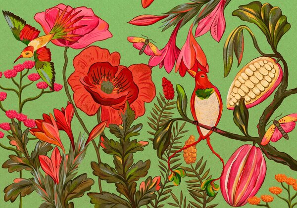 Carta da parati Fiori e uccelli decorativi su sfondo verde, Carta da parati Natura, w05036v1 : Uwalls.it