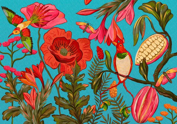 Carta da parati Fiori e uccelli decorativi su sfondo blu, Carta da parati Natura, w05036v3 : Uwalls.it