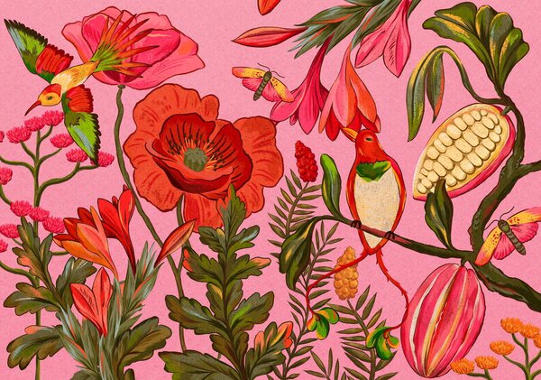 Carta da parati Fiori e uccelli decorativi su sfondo rosa, Carta da parati Natura, w05036v2 : Uwalls.it