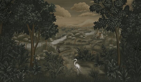 Carta da parati Paesaggio fantastico con fiume, casa e uccelli tra gli alberi, Carta da parati Natura, w05090 : Uwalls.it