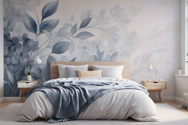 Carta da parati Ramo blu e bianco con fiori e foglie che sfumano in uno sfondo chiaro in stile, Carta da parati Acquerello, w09543 : Uwalls.it