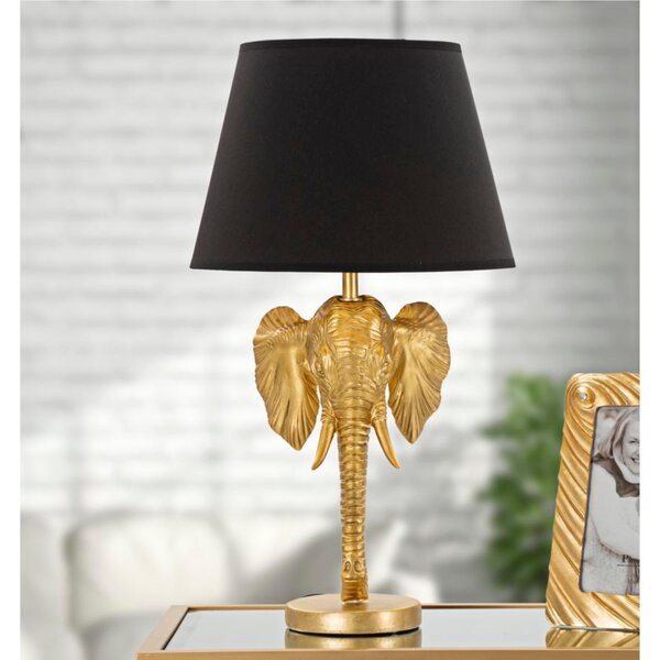 Lampada da tavolo in metallo nero con testa di Elefante dorato ELEPHANT Dimensioni � 32xh 59 cm in metallo dorato paralume in tessuto Nero