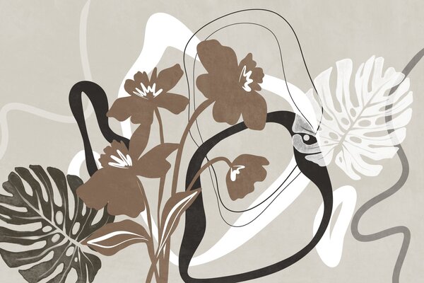 Carta da parati Fiori marroni astratti con texture e forme bianche e nere su sfondo beige, arte, Carta da parati Floreale, w09645v1 : Uwalls.it
