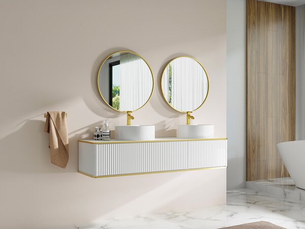 Mobile bagno sospeso con scanalature con profilo dorato 2 cassetti con doppio lavabo da appoggio tondo - Bianco - 150 cm - KELIZA