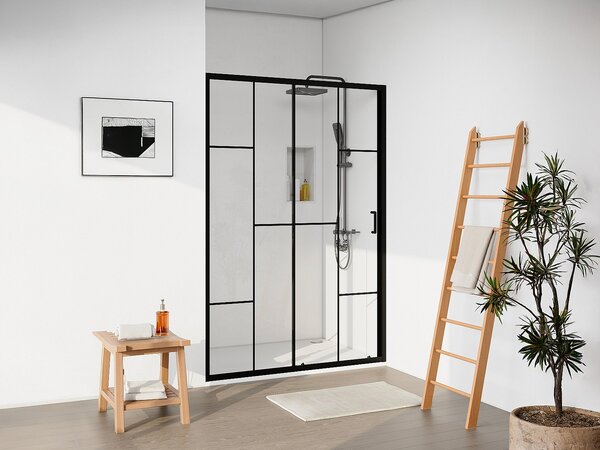 Porta doccia scorrevole in metallo nero opaco stile vetrata - Vetro anticalcare - 120 x 195 cm - SONIKRA