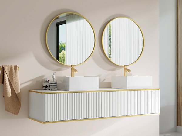 Mobile sotto lavabo sospeso con scanalature con profilo dorato 2 cassetti - Bianco - 150 cm - KELIZA