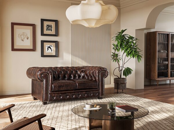 Divano Chesterfield a 2 posti 100% cuoio di bufalo Marrone con riflessi castani - BRENTON
