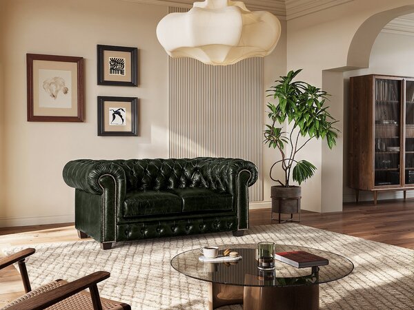 Divano Chesterfield a 2 posti 100% cuoio di bufalo Verde imperiale - BRENTON