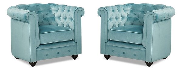 Lotto di 2 poltrone CHESTERFIELD in velluto Azzurro pastello