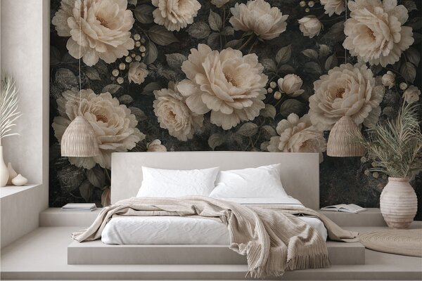 Carta da parati Fiori voluminosi in tonalità beige su sfondo scuro, Carta da parati Buffer, w05114 : Uwalls.it