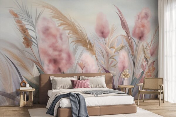 Carta da parati Erba della pampa rosa e beige e altri fiori secchi con un cielo morbido e nebbioso sullo, Carta da parati Natura, w09635 : Uwalls.it