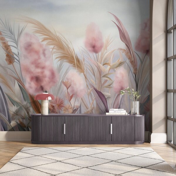 Carta da parati Erba della pampa rosa e beige e altri fiori secchi con un cielo morbido e nebbioso sullo, Carta da parati Natura, w09635 : Uwalls.it