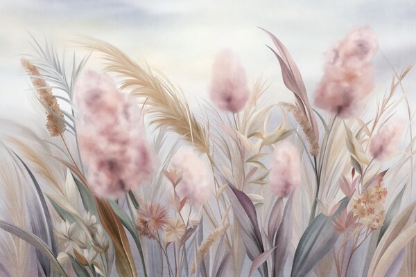 Carta da parati Erba della pampa rosa e beige e altri fiori secchi con un cielo morbido e nebbioso sullo, Carta da parati Natura, w09635 : Uwalls.it