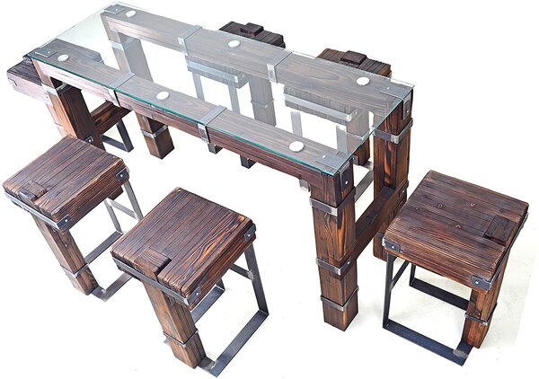 CHYRKA® Tavolo da pranzo tavolo da soggiorno DROHOBYCZ sgabello loft vintage bar design industriale fatto a mano in legno vetro metallo