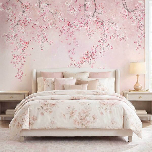 Carta da parati Rami con fiori rosa su uno sfondo pastello tenue, Carta da parati Foresta, Carta da parati Alberi, w05129v1 : Uwalls.it