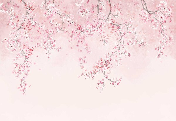 Carta da parati Rami con fiori rosa su uno sfondo pastello tenue, Carta da parati Foresta, Carta da parati Alberi, w05129v1 : Uwalls.it