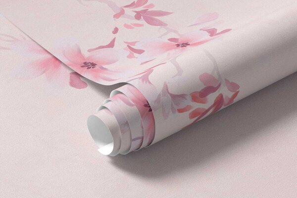 Carta da parati Rami con fiori rosa su uno sfondo pastello tenue, Carta da parati Foresta, Carta da parati Alberi, w05129v1 : Uwalls.it