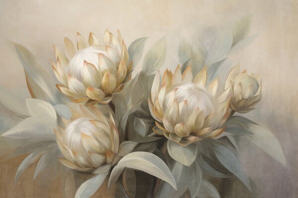 Carta da parati Fiori di protea con texture, foglie verdi e sfondo morbido e sfocato, Carta da parati Floreale, w09738 : Uwalls.it