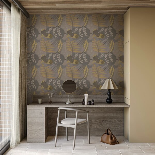 Carta da parati Foglie astratte nei toni del grigio e del giallo, Parati fiori e piante classici, a01112 : Uwalls.it