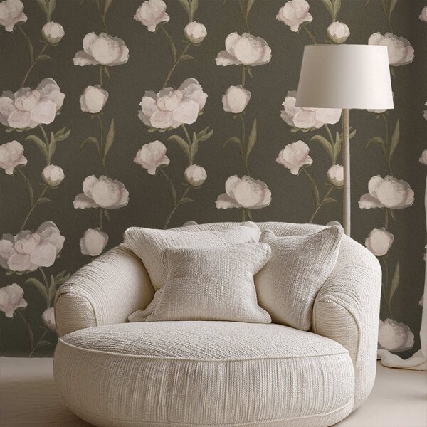 Carta da parati Peonie rosa tenue su sfondo scuro, Parati fiori e piante classici, a01114v1 : Uwalls.it