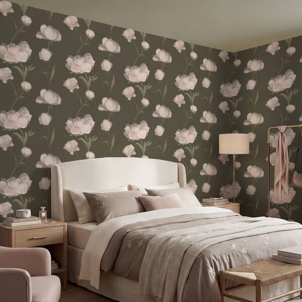Carta da parati Peonie rosa tenue su sfondo scuro, Parati fiori e piante classici, a01114v1 : Uwalls.it